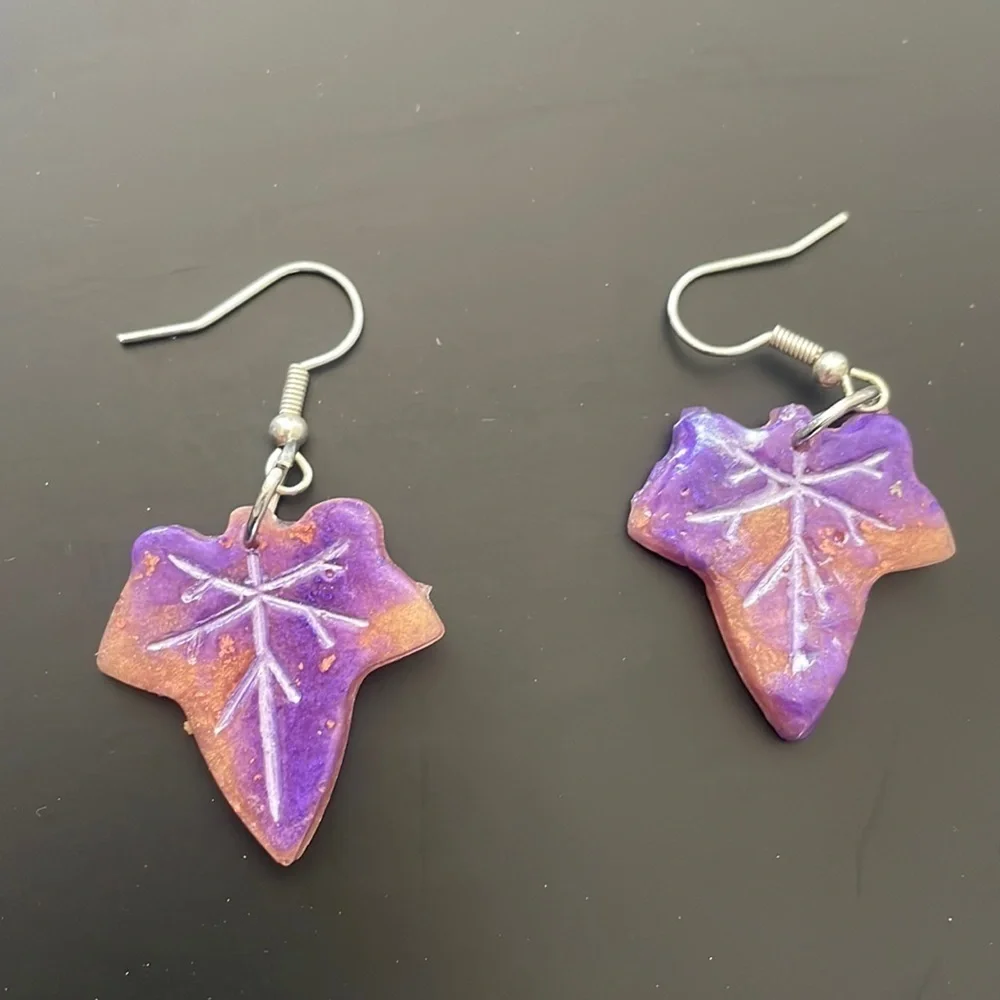 Handcrafted Acrylic Purple Orange Fall Leaf Stud Earrings New One size